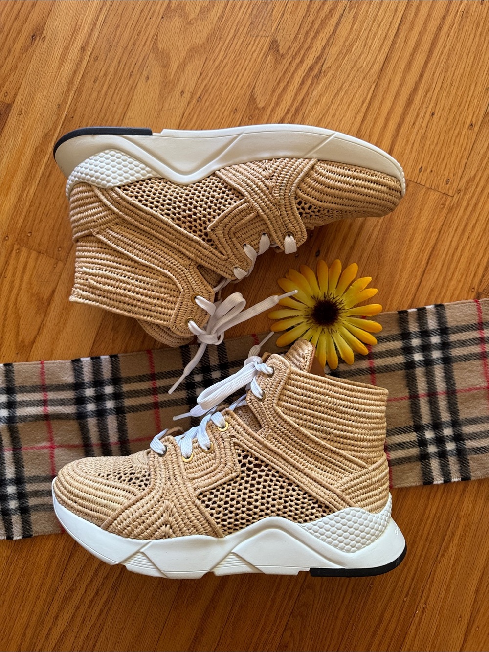 🩷 Clergerie Paris; BNWT - Luxury Sybille Raffia Natural Hi Top Sneakers Sz. 9!